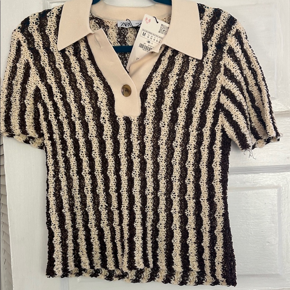 Zara Black and Cream Textured Button Down Shirt